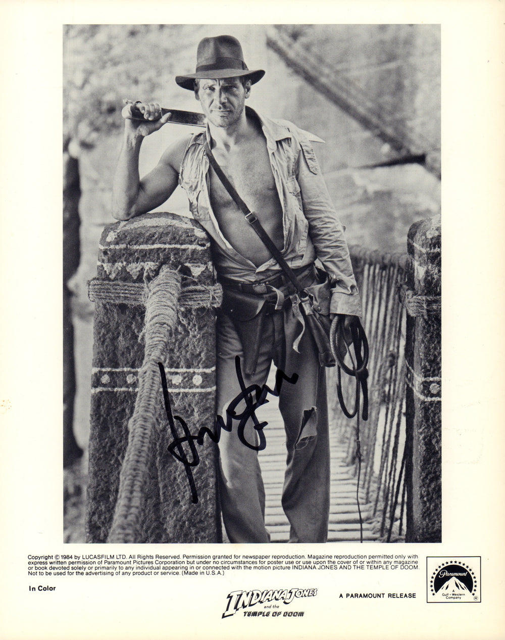 Harrison Ford as Indiana Jones in Temple of Doom Signed 8x10 B&W Press Photo