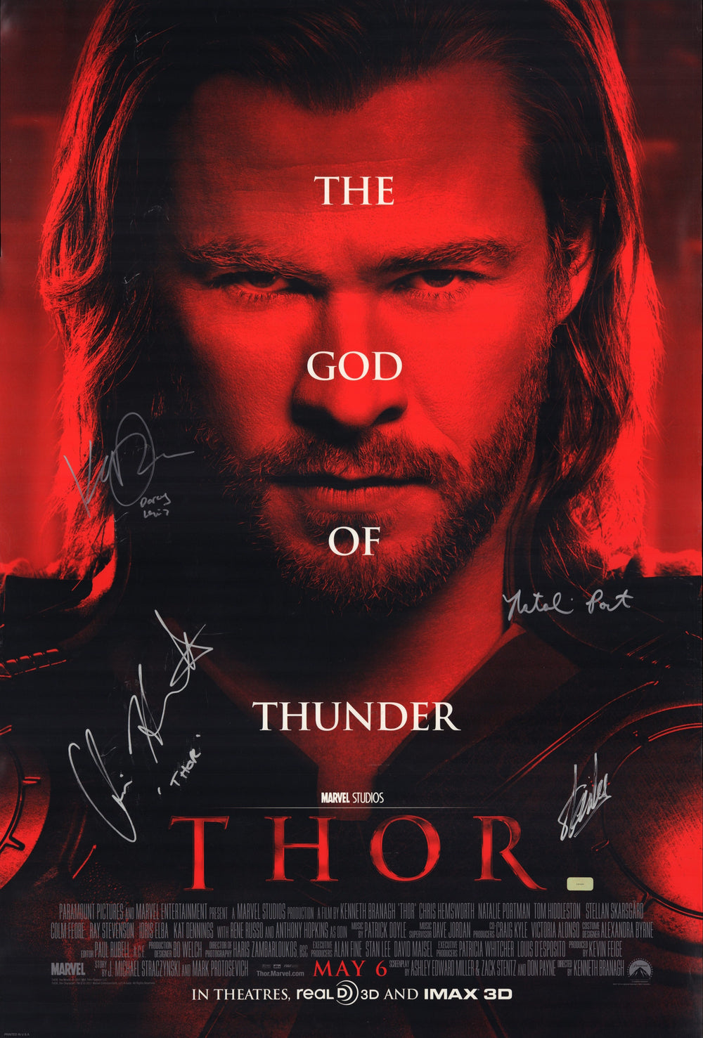 Thor 27x40 Poster Signed by Creator Stan Lee and Actors: Chris Hemsworth, Natalie Portmann, & Kat Dennings with Character Names