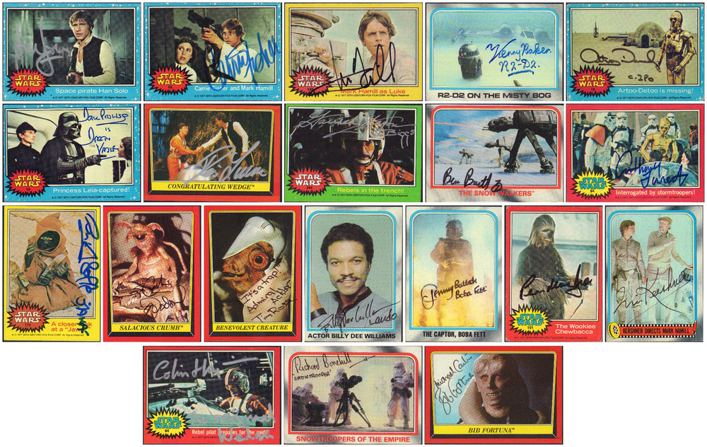 
                  
                    Star Wars: The Original Trilogy Topps Trading Cards 20pc LOT Signed by Harrison Ford, Carrie Fisher, Mark Hamill, Irvin Kershner, Baker, Mayhew, Daniels, & More
                  
                
