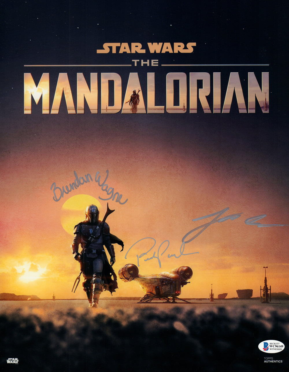 Pedro Pascal, Lateef Crowder, and Brendan Wayne as the Mandalorian in Star Wars: The Mandalorian (Beckett Witnessed) Signed 11x14 Photo
