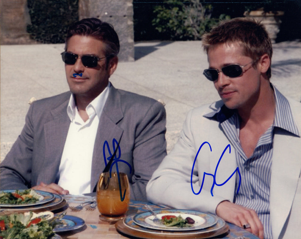 George Clooney & Brad Pitt in Ocean's Eleven Signed 8x10 Photo with Fun Doodle Mustache