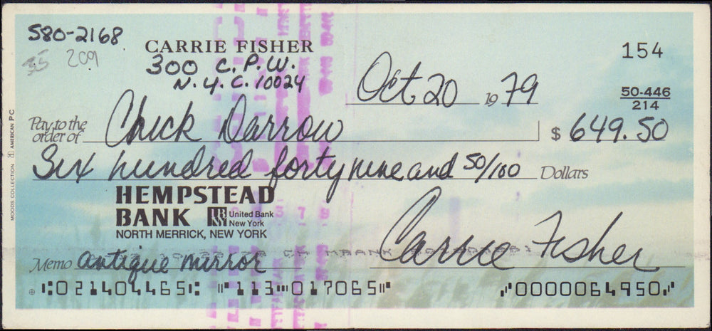 
                  
                    Carrie Fisher Princess Leia Star Wars Signed Check
                  
                