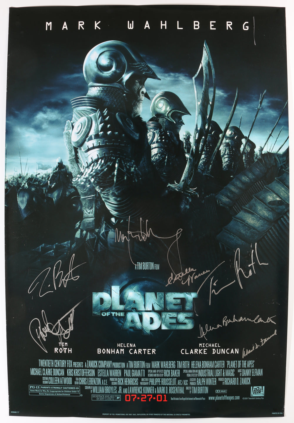 Planet of the Apes 26.5x39.5 Poster Cast Signed by Mark Wahlberg, Helena Bonham Carter, Tim Roth, Estella Earren, & Paul Giamatti with Producer: Richard D. Zanuck & Director: Tim Burton
