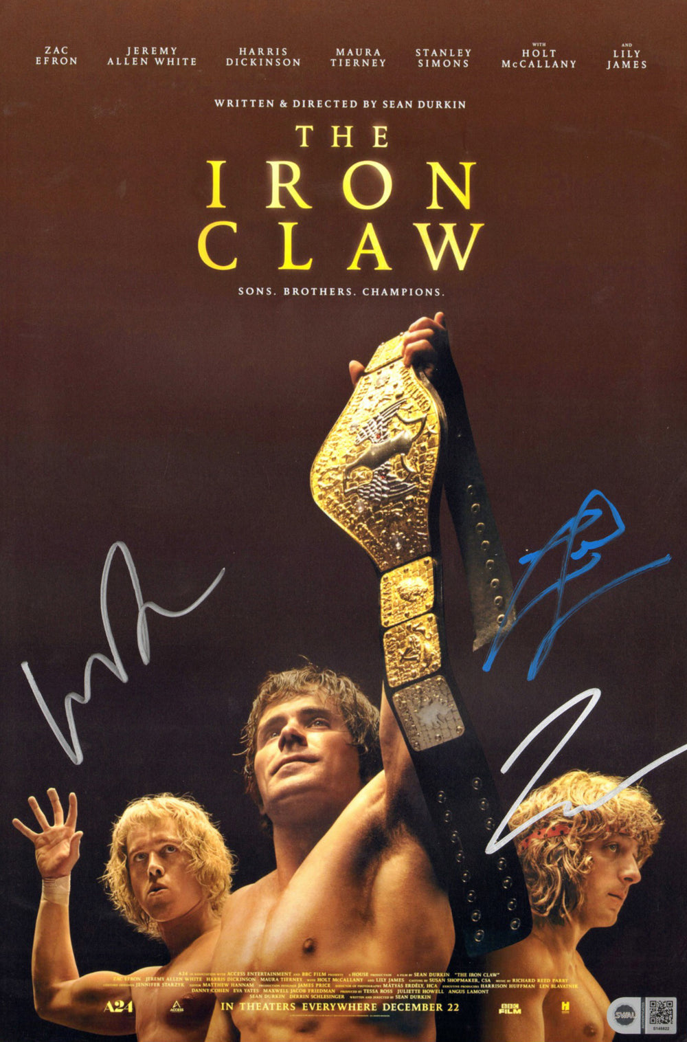 The Iron Claw 12x18 Mini Poster (SWAU) Cast Signed by Zac Efron, Jeremy Allen White, & Harris Dickinson