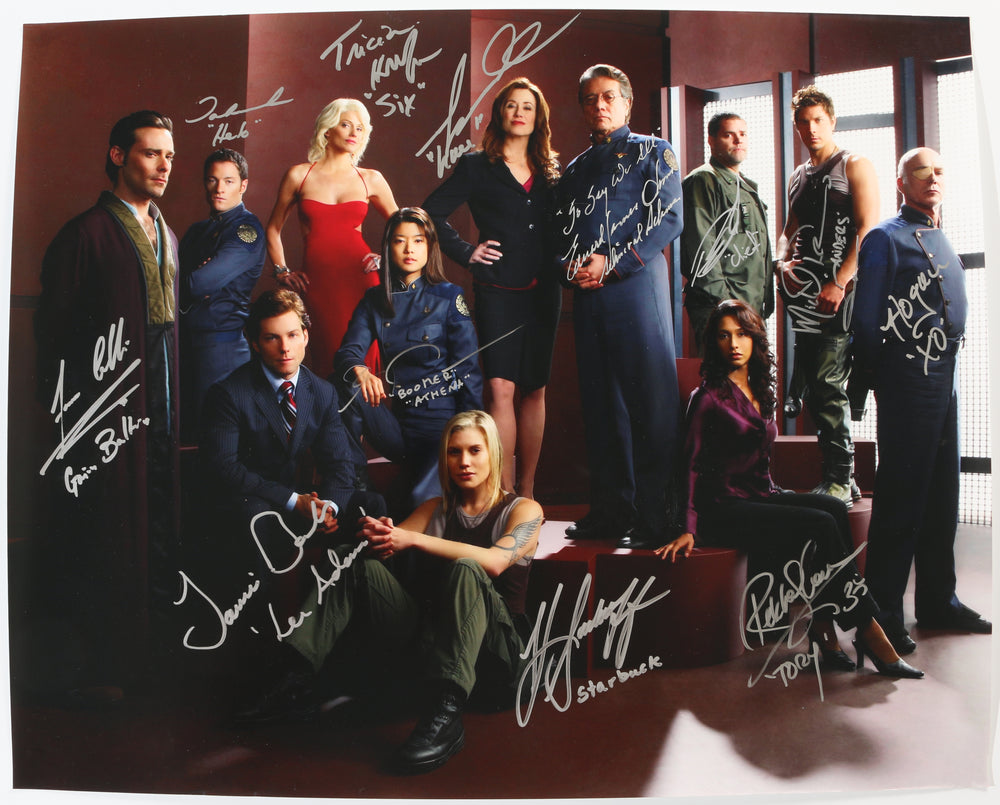Battlestar Galactica 16x20 Photo Cast Signed by Edward James Olmos, Michael Hogan, Mary McDonnell, Katee Sackhoff, Jamie Bamber, Tricia Helfer, Grace Park, Tahmoh Penikett, James Callis, Rekha Sharma, Aaron Douglas, & Michael Trucco