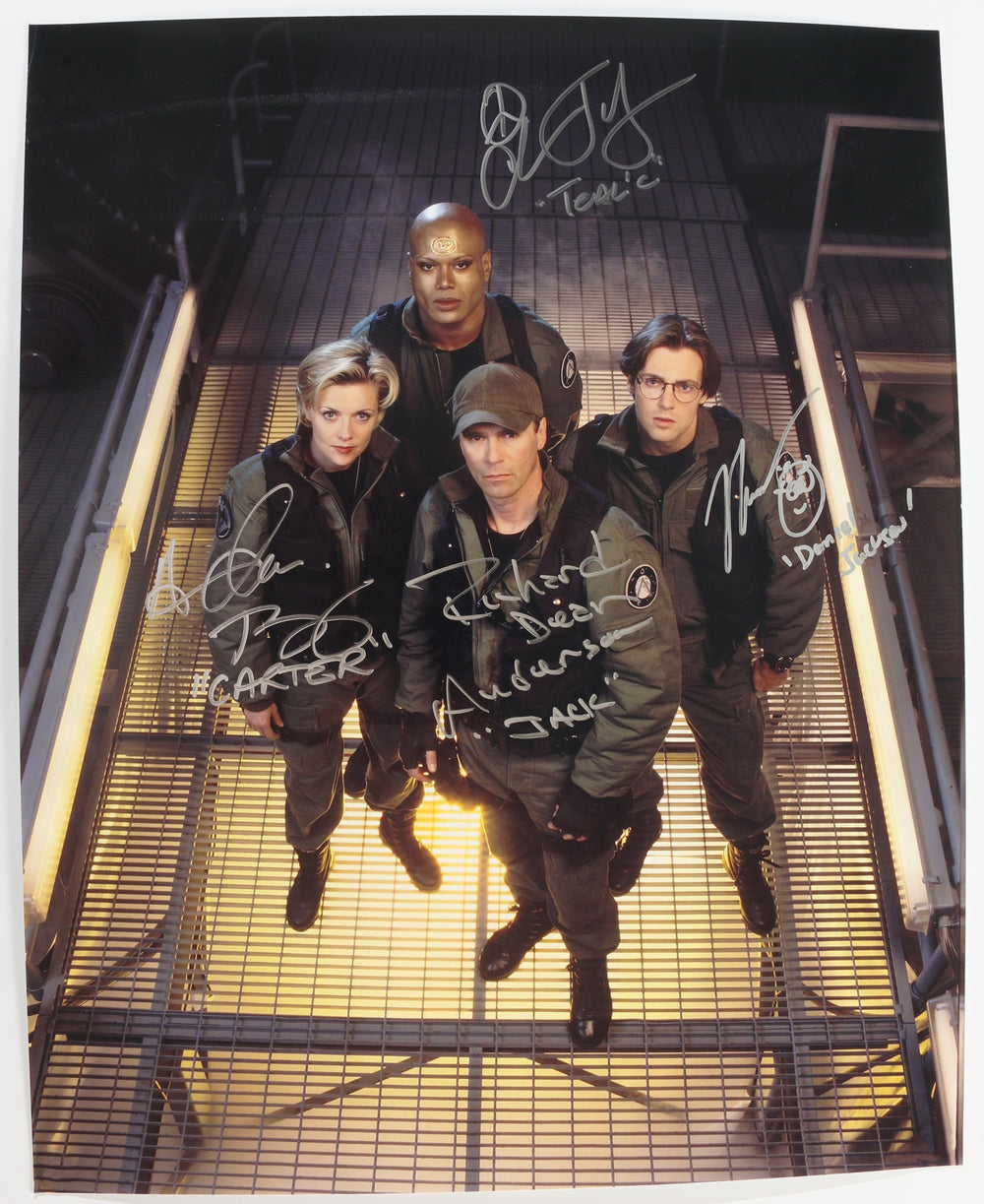Stargate SG-1 16x20 Photo Cast Signed by Richard Dean Anderson, Amanda Tapping, Chris Judge, & Michael Shanks