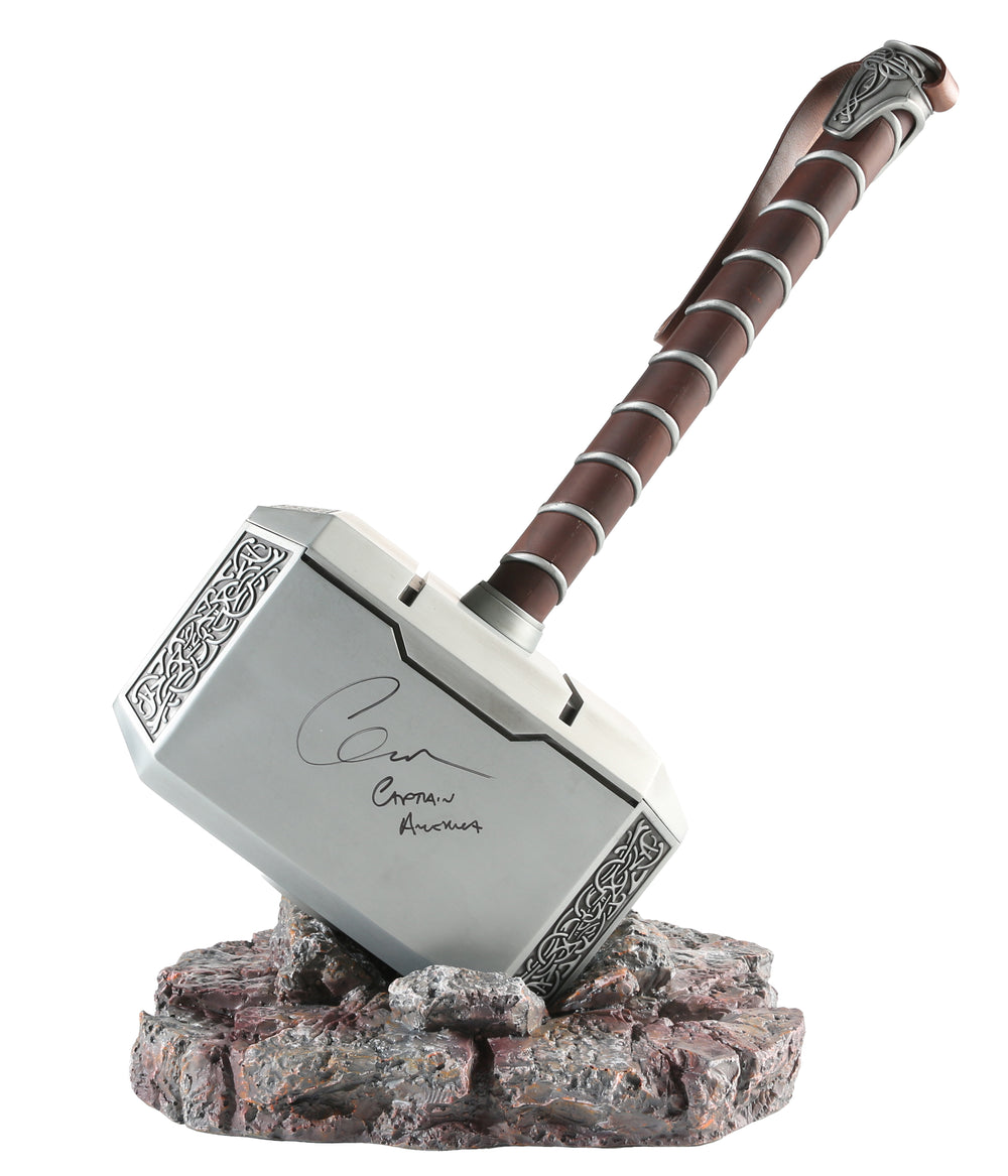 Thor Mjolnir Heavy Metal & Leather Prop Replica Hammer (JSA) Signed by Chris Evans with Character Name